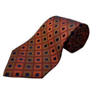 Murano Men's Necktie‎ Silk Brown Orange Navy Blue Diamond Pattern 90s USA Made